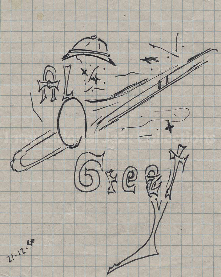 Al Grey, by Gebhard. Pen on paper. Handwritten on the back: I enjoyed your performance at Fortune Garden Pavillon; a little jazz friend Gebhard; Gebhard Luger; Am Brandzz; 6900 Bregenz; Austria, Europe