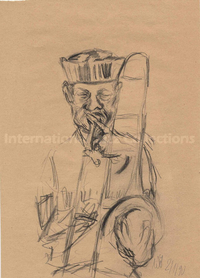 A trombonist, by Wo[?]. The drawing is dedicated to Rosalie Soladar from Al Grey. The dedication is written on a separate envelope