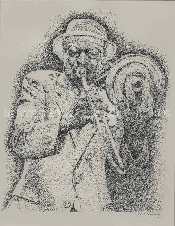 Al Grey playing the trombone, by Ted Kearsley. The drawing is on a white mat, under glass, within an 18 x 16 inch aluminum frame. The upper left corner of the glass is broken
