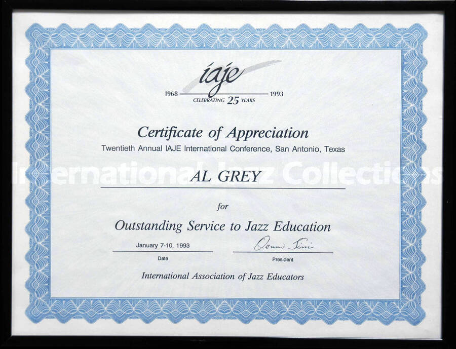 Certificate. To Al Grey from the International Association of Jazz Education on the occasion of the 20th Annual IAJE International Conference, San Antonio (TX). The certificate is under glass in an aluminum frame