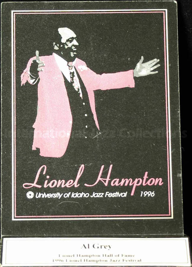 Acrylic screen printed plaque on a wood base. To Al Grey from the University of Idaho Lionel Hampton Jazz Festival-Hall of Fame