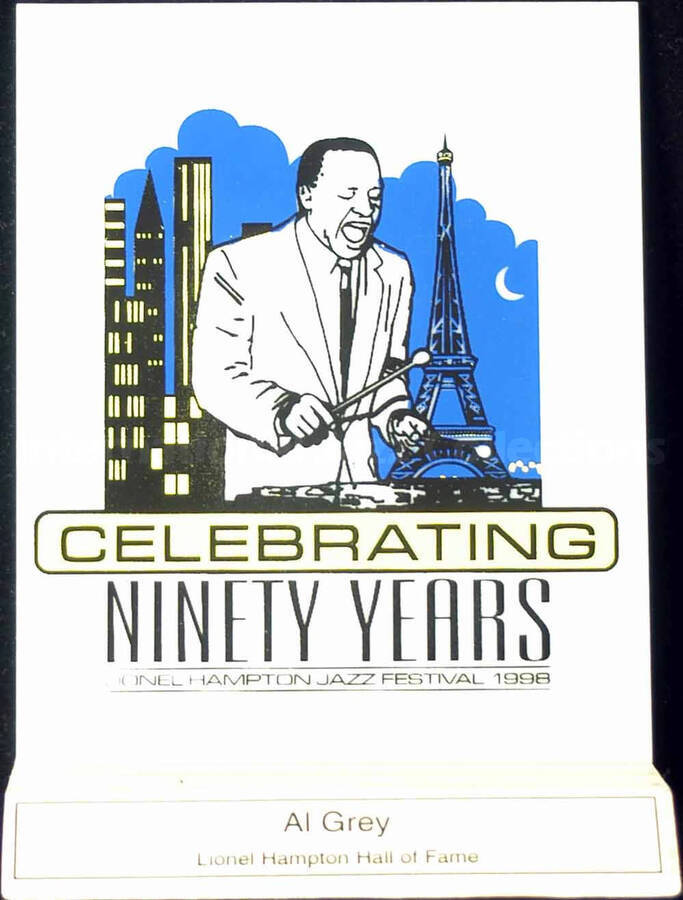 Acrylic screen printed plaque on a wood base. To Al Grey from the University of Idaho Lionel Hampton Jazz Festival-Hall of Fame. Celebrating ninety years