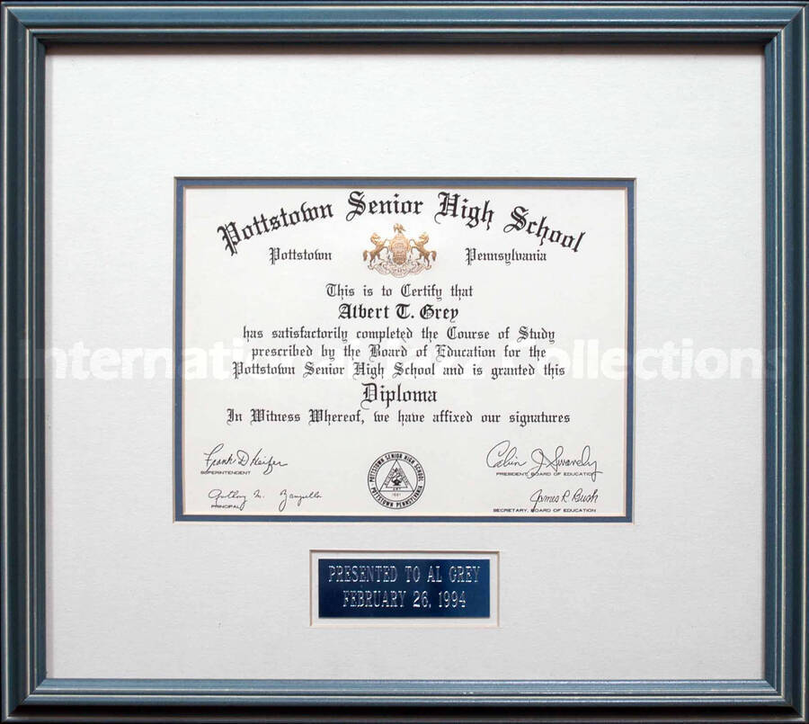 Blue frame holding a 6 x 8 inch certificate and a 1 x 3 inch engraved plate in double mat under glass. Diploma of completed course study presented to Al Grey by the Pottstown Senior High School. Pottstown (PA)
