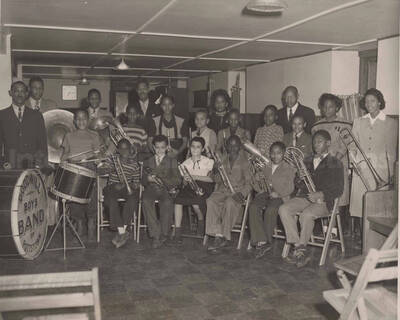 Goodwill Boys Band of Pottstown, [Pennsylvania] and Jennie Grey-Beck (far right holding trumpet) and Richard Grey (very back). This was Richard Grey's band
