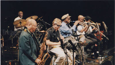Al Grey performing with tenor saxophonist James Moody, trumpet player Clark Terry, and unidentified musicians [in Tokyo?]
