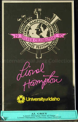 Acrylic plaque on a wood base. To Al Grey from the University of Idaho Lionel Hampton-Chevron Jazz Festival. Silver Celebration