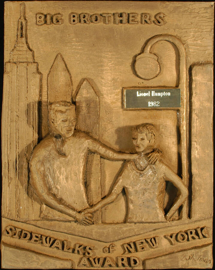 Plaque. 14"x11" Had made wood plaque with engraved plate Sidewalks of New York Award presented to Lionel Hampton. Big Brothers. New York, NY, 1982