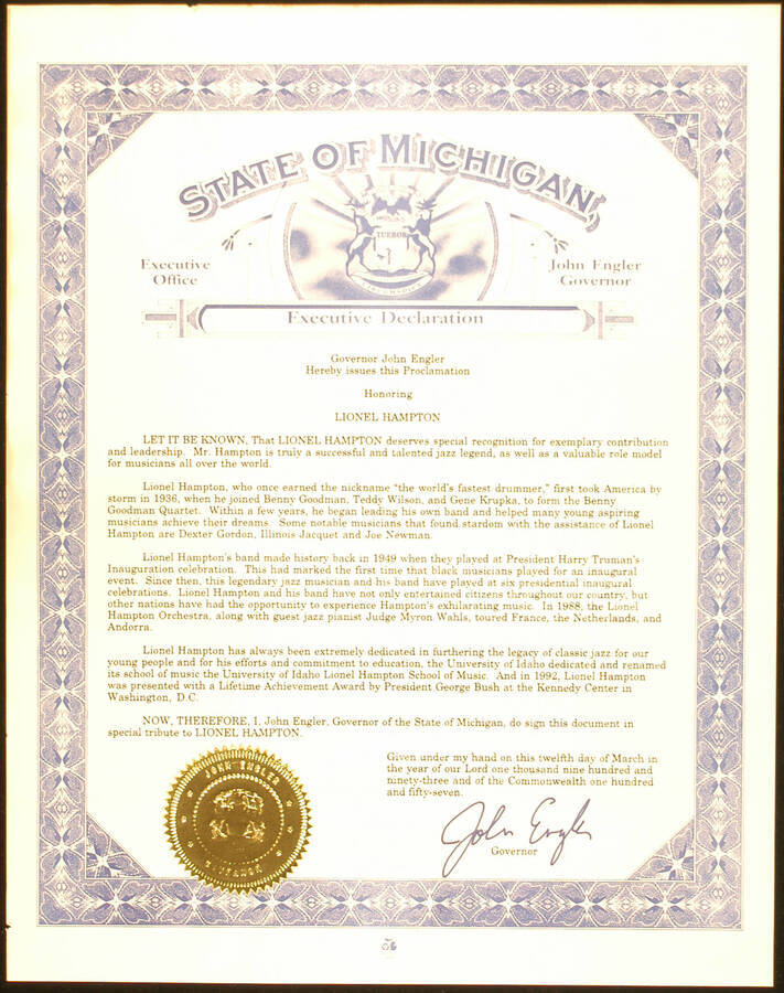 Certificate. 14"x11" Proclamation with gold foil seal To Lionel Hampton from the State of Michigan. John Engler, Governor. Mar. 12, 1993