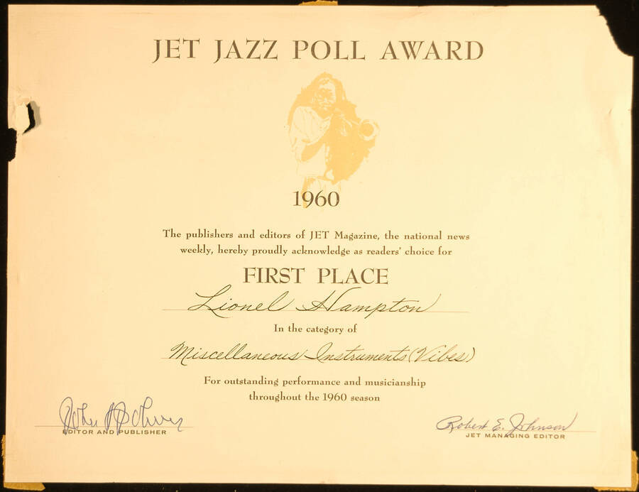 Certificate. 8 1/2"x11" Certificate Jet Jazz Poll Award presented to Lionel Hampton by the publishers and editors of JET Magazine as reader's choice for First Place in the category of Miscellaneous Instruments (Vibes) for outstanding performance throughout the 1960 season. [?], 1960