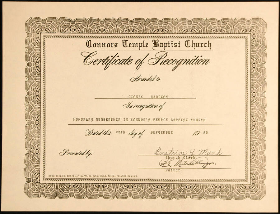 Certificate. 8 1/2"x11" Certificate Certificate of Recognition presented to Lionel Hampton in recognition of Honorary Membership in Connor's Temple Baptist Church. B. R. Mitchell Jr., Pastor. [Savannah, GA?], Sep. 29, 1985