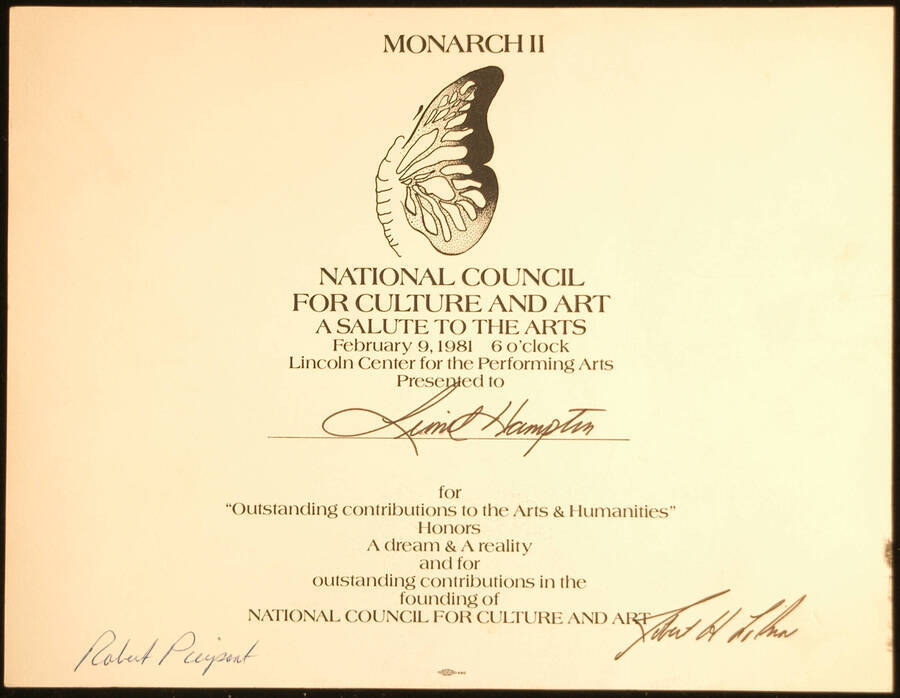 Certificate. 8 1/2"x 11" Certificate Monarch II presented to Lionel Hampton by the National Council for Culture and Art for his outstanding contributions to the Arts and Humanities, at the Lincoln Center for the Performing Arts. [New York, NY], Feb. 9, 1981