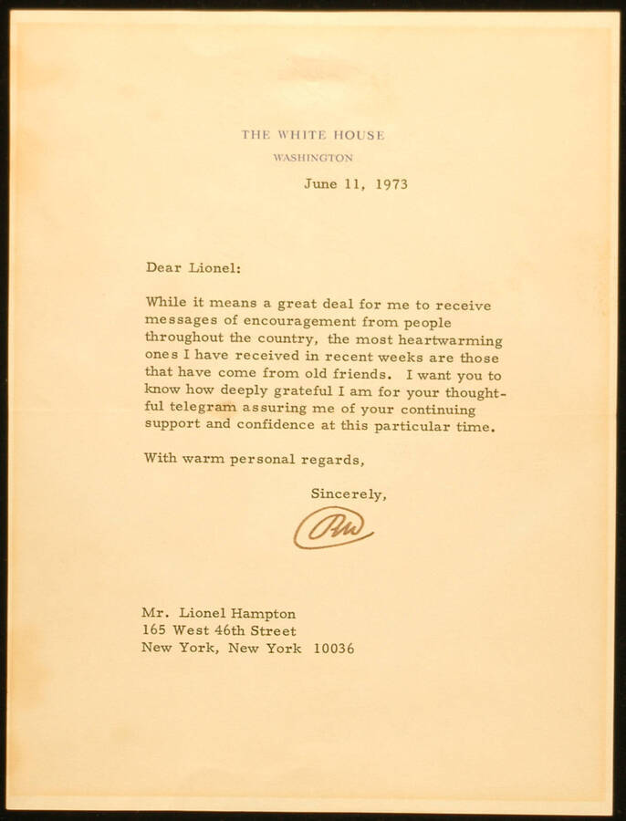 Letter. 9"x6 3/4" Letter in official paper of "The White House" "Washington." Also mail stamped envelope Letter from Richard Nixon to Lionel Hampton thanking for his support. Dated June 11, 1973. Signed "RN"