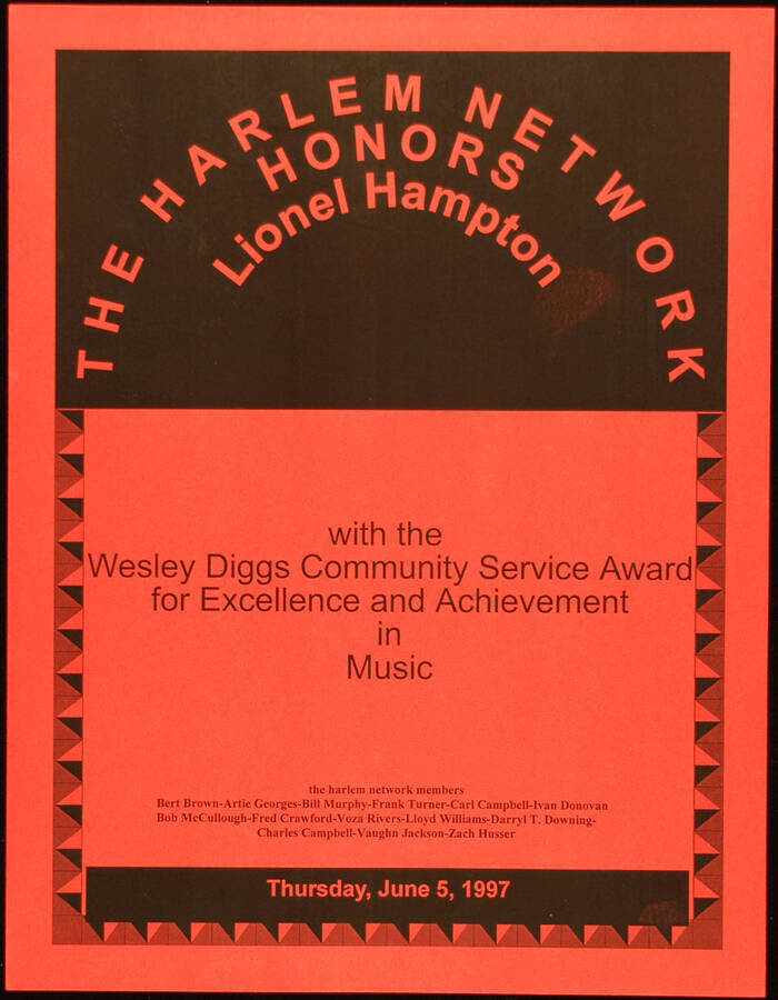 Certificate. 11"x8 1/2" Red paper Wesley Diggs Community Service Award presented to Lionel Hampton by the Harlem Network. June 5, 1997