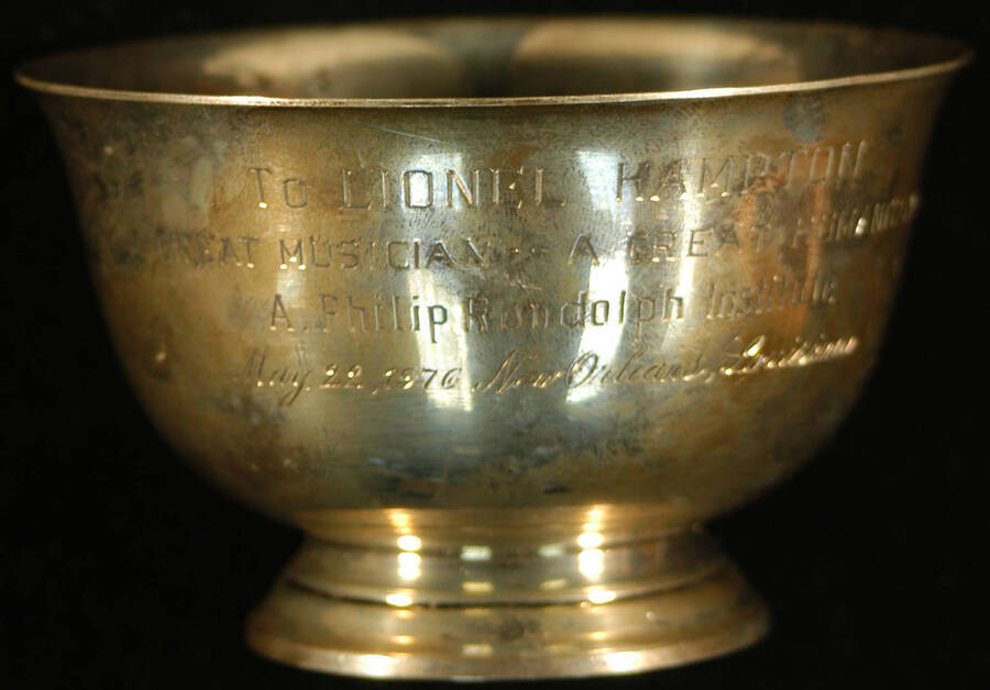 Bowl. 5"x3 1/4" Sterling Tiffany bowl To Lionel Hampton from A. Philip Randolph Institute. New Orleans, LA, May 22, 1976