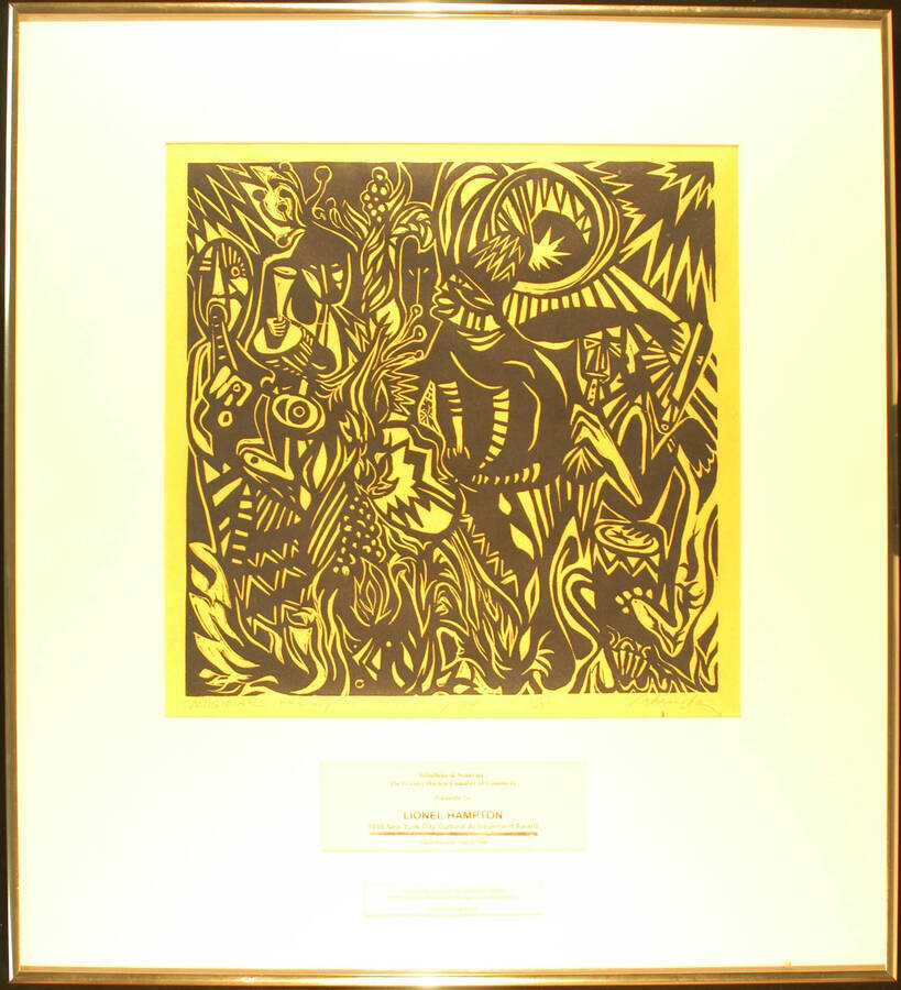 Plaque. 22 1/2"x 20 1/4" Gold aluminum frame holding from top to bottom: a 13 1/4"x13 1/4' woodcut print entitled "Musicians Making the Harvest Grow" numbered "24/40" and signed "Ademola Olugebefola," a dedication, and the artwork identification, in white mat under glass Cultural Achievement Award presented to Lionel Hampton by Schieffelin & Somerset, the Greater Harlem Chamber of Commerce. New York, NY. Gracie Mansion, May 20, 1998
