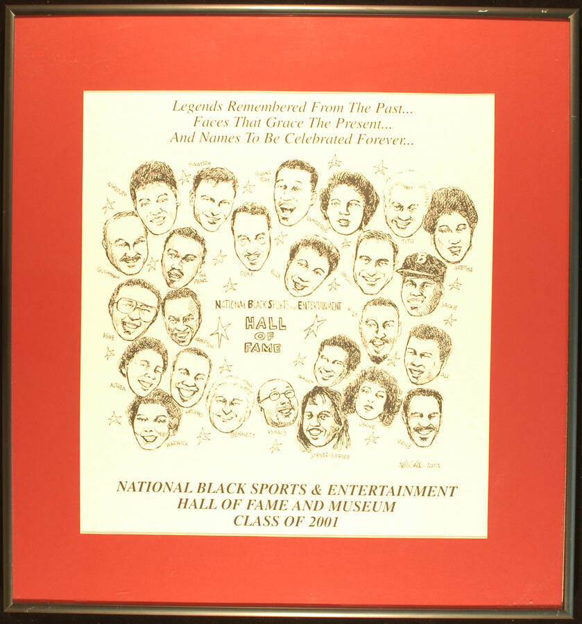 Framed Certificate. 17"x16" Black aluminum frame holding a black and white cartoon by "Bill Gallo" depicting "legends remembered from the past…" in red mat under glass To Lionel Hampton from the National Black Sports and Entertainment Hall of Fame and Museum. 2001