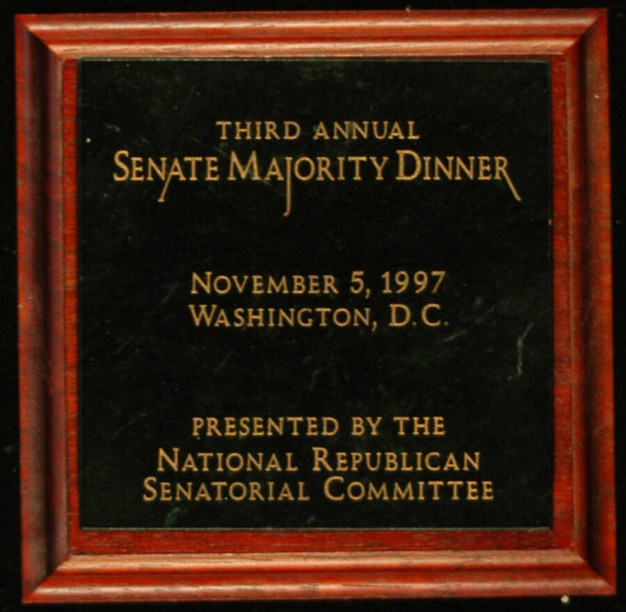 Plaque. 4 1/2"x4 1/2" Wood finish plaque with engraved stone From the National Republican Senatorial Committee on the occasion of the Third Annual Senate Majority Dinner. Washington, DC, Nov. 5, 1997