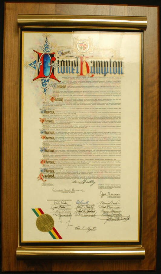 To Lionel Hampton from the City of Los Angeles. Tom Bradley, Mayor [and others]. Los Angeles, CA, Sep. 23, 1980