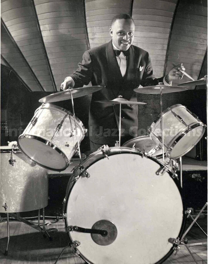5 x 4 inch photograph. Lionel Hampton playing the drums. [Palomar Ballroom?]