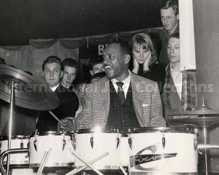 7 x 9 inch photograph. Lionel Hampton playing Trixon drums, in Germany