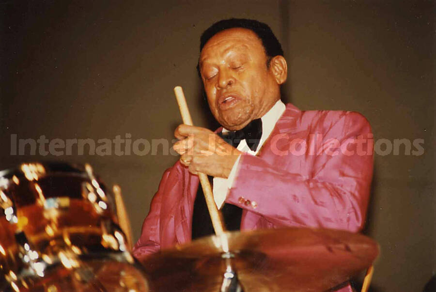 3 1/2 x 5 inch photograph. Lionel Hampton playing the drums