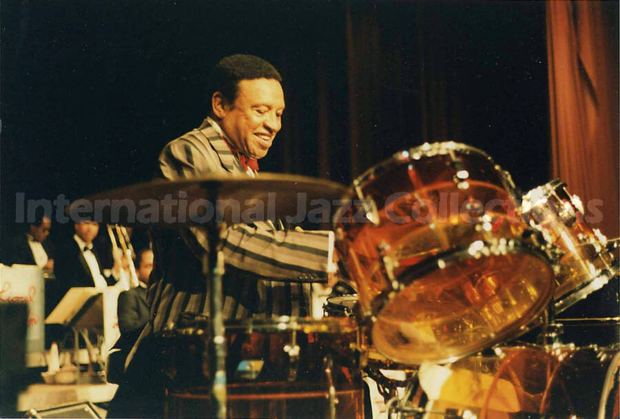 4 x 6 inch photograph. Lionel Hampton playing the drums, in Canada