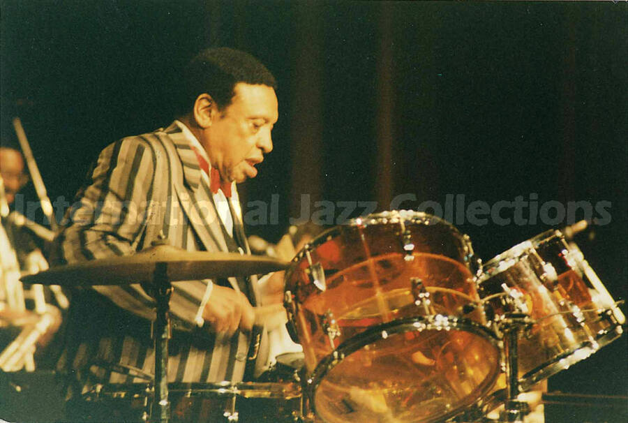 4 x 6 inch photograph. Lionel Hampton playing the drums, in Canada