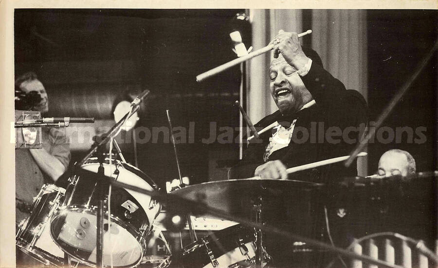6 x 9 1/2 inch photograph. Lionel Hampton playing the drums