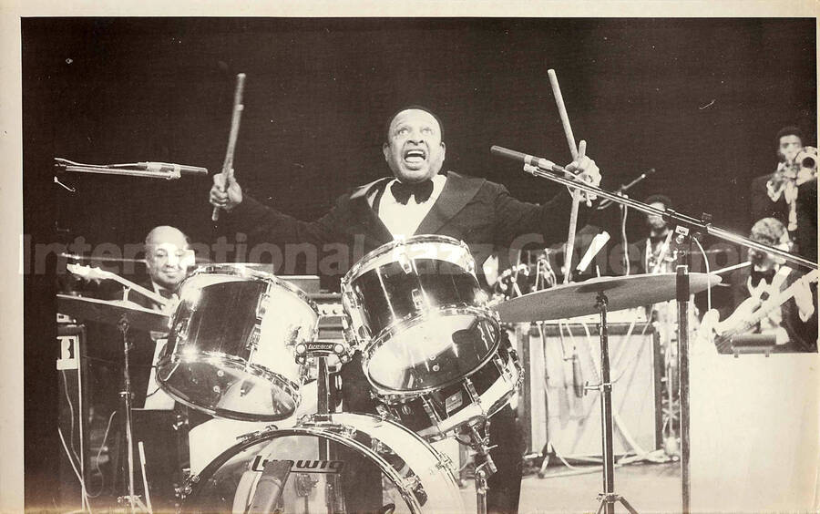 6 x 9 1/2 inch photograph. Lionel Hampton playing the drums
