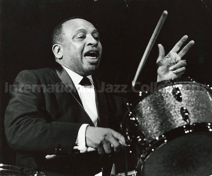 8 1/2 x 10 1/2 inch photograph. Lionel Hampton playing the drum