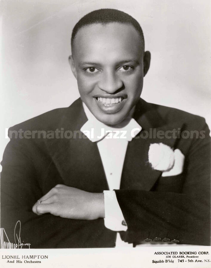 10 x 8 inch promotional photograph. Lionel Hampton. Inscribed at the bottom of the photograph: Lionel Hampton and His Orchestra