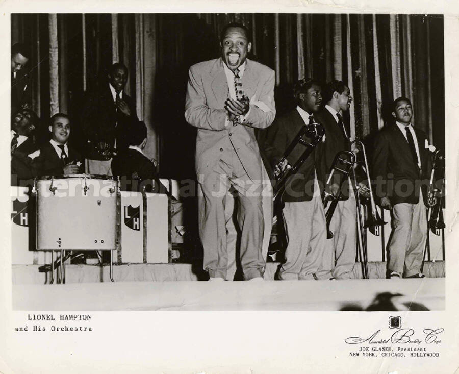8 x 10 inch promotional photograph. Lionel Hampton. Inscribed at the bottom of the photograph: Lionel Hampton and His Orchestra