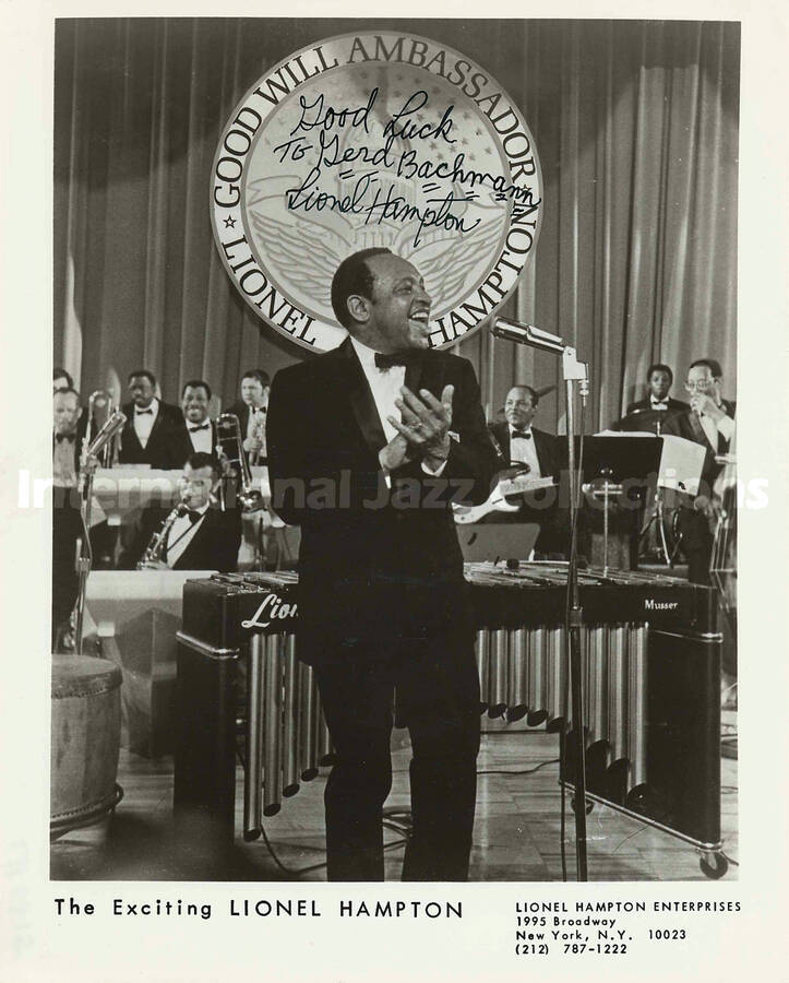 10 x 8 inch promotional photograph. Lionel Hampton. Inscribed at the bottom of the photograph: The Exciting Lionel Hampton. This photograph is dedicated to Gerd Bachmann
