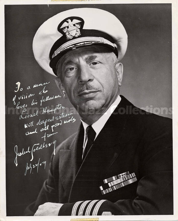 10 x 8 inch photograph. Official U.S. Navy portrait of [Joshuah Soldberg?]. This photograph is dedicated to Lionel Hampton