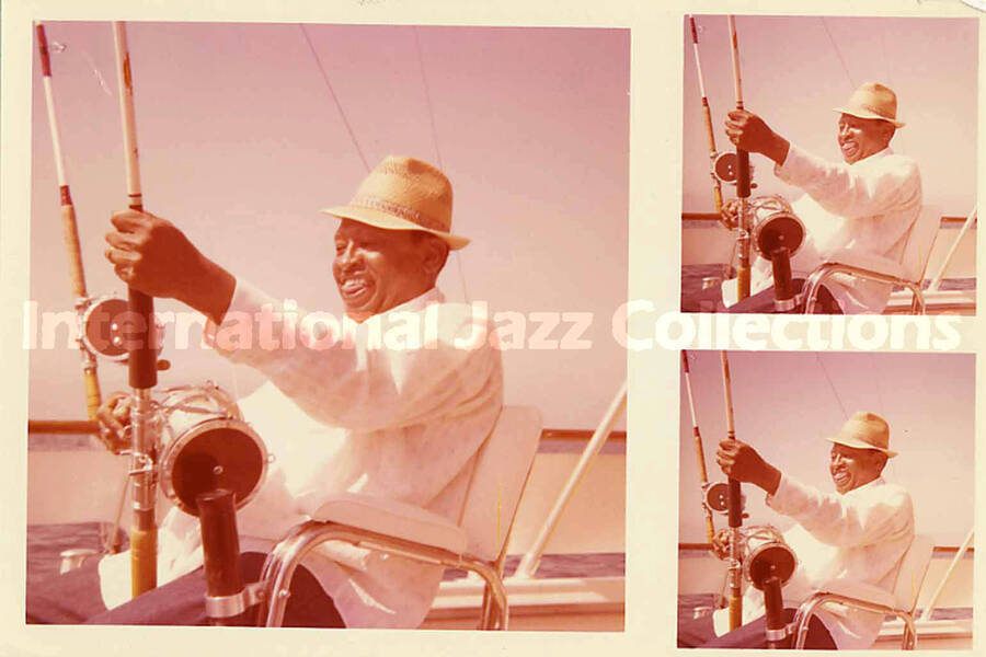 3 1/2 x 5 inch photograph. Lionel Hampton fishing during a boat trip with Jean Claude Forestier