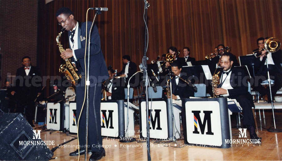 8 x 14 inch photograph. Unidentified saxophonist performing with Lionel Hampton at the 18th Annual Tri-State Jazz Festival, at Morningside College, Sioux City, IA