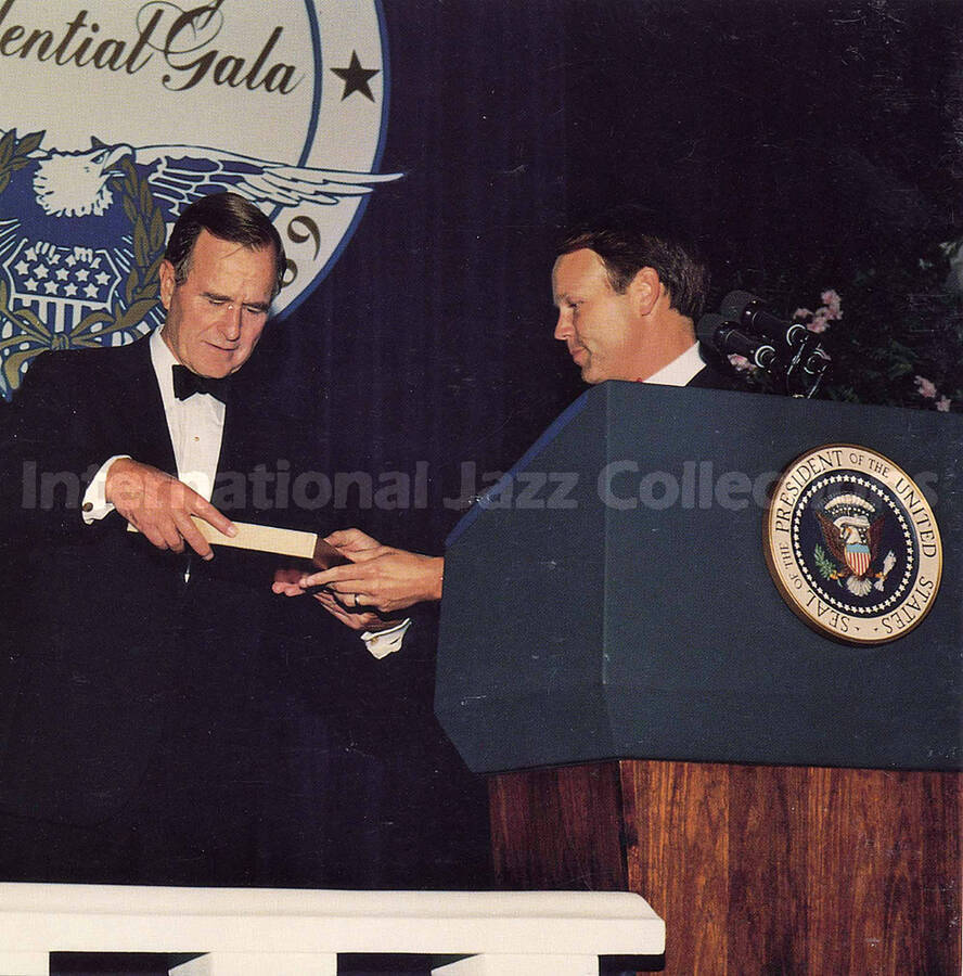 6 3/4 x 6 3/4 inch photograph. George H. W. Bush at his Presidential Inaugural Gala