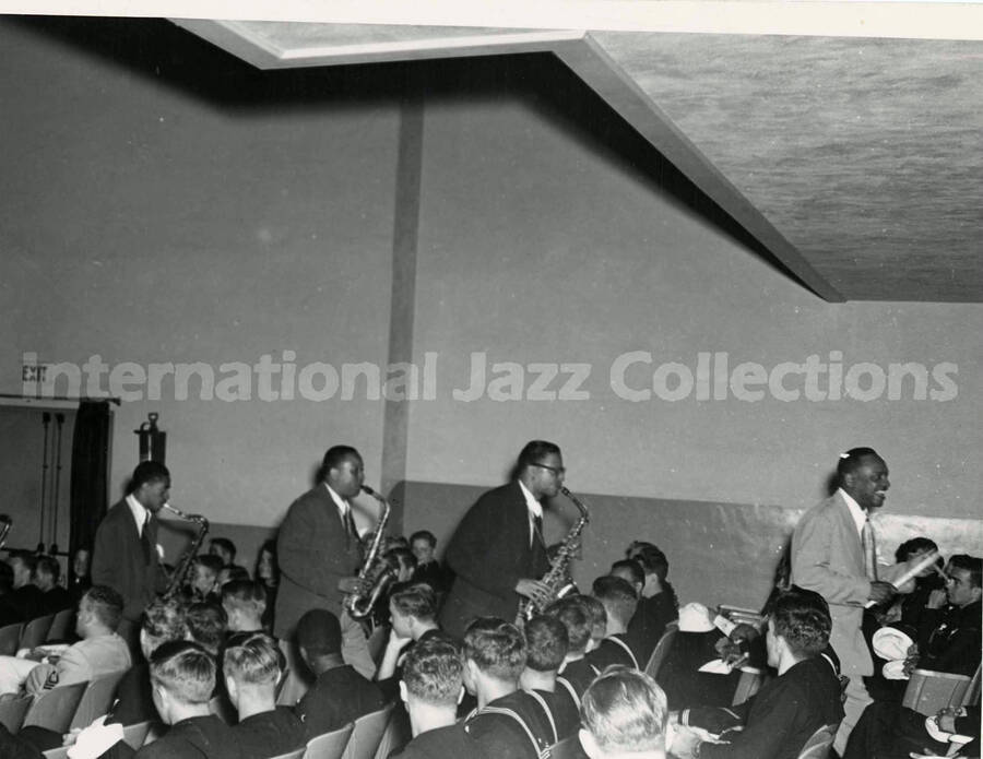 8 x 10 inch photograph. Lionel Hampton's orchestra performing at an U.S. Navy base