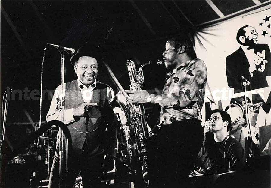 3 1/2 x 5 inch photograph. Lionel Hampton with unidentified saxophonist in Bordeaux [France]