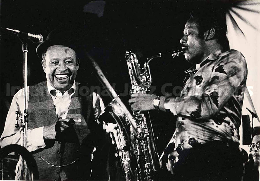 3 1/2 x 5 inch photograph. Lionel Hampton with unidentified saxophonist in Bordeaux [France]