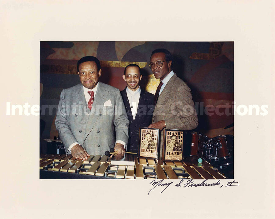 8 x 10 inch photograph. Lionel Hampton at the signing of his recently published book: Hamp: an autobiography, co-authored with James Haskins