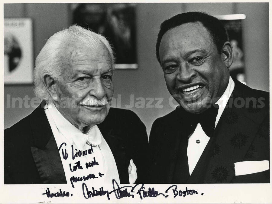 8 x 10 inch signed photograph. Lionel Hampton with Arthur Fiedler. This photograph is dedicated to Lionel Hampton