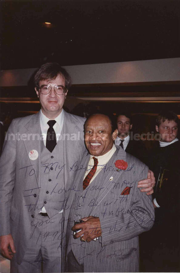 6 x 4 inch photograph. Lionel Hampton with Lynn Skinner [at the University of Idaho, Moscow, ID]