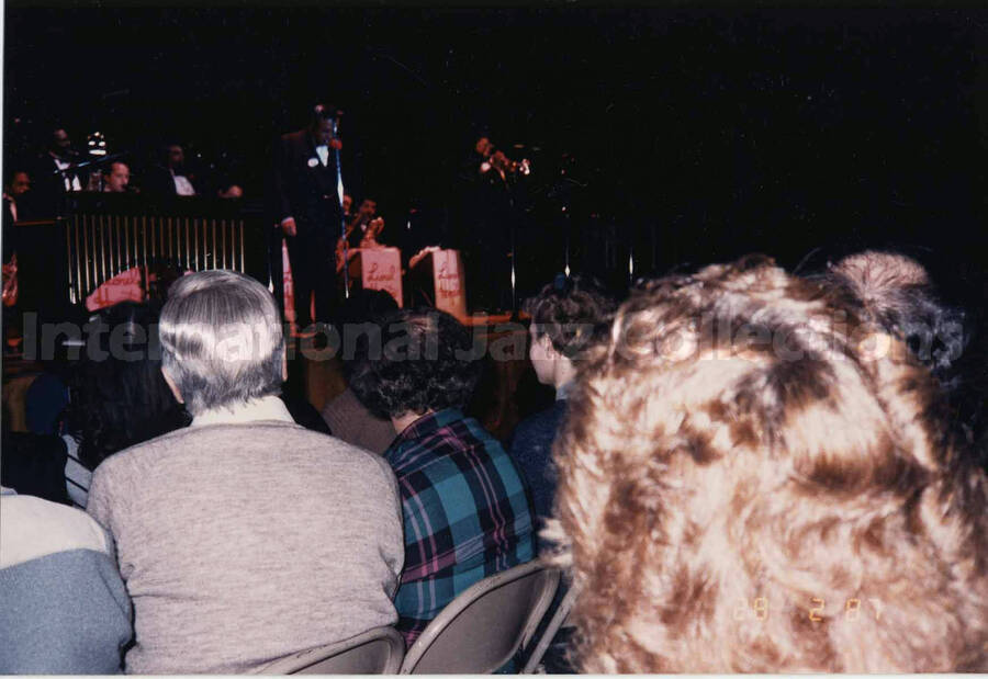 4 x 6 inch photograph. Lionel Hampton on stage on the occasion of the dedication of the Lionel Hampton School of Music. University of Idaho, Moscow, ID