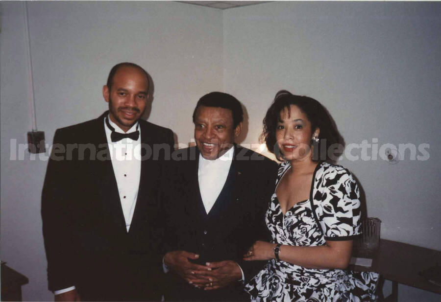 4 x 6 inch photograph. Lionel Hampton with Charlene Price Patterson and Kevin Eubanks. Handwriten on the back of the photograph: After your wonderful show