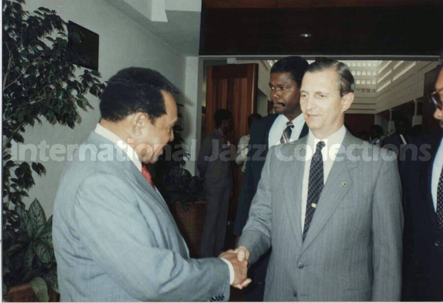 3 1/2 x 5 inch photograph. Lionel Hampton with the Right Honorable Edward Seaga, Prime Minister of Jamaica, in Kingston, Jamaica