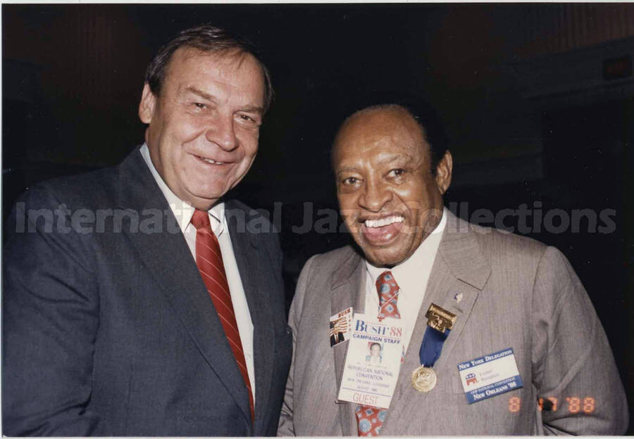 4 x 6 inch photograph. Lionel Hampton with New York State Assembly Minority Leader, Clarence Rappleyea, on the occasion of the Republican National Convention, in New Orleans, LA