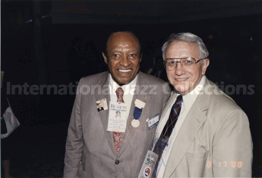 4 x 6 inch photograph. Lionel Hampton with New York State Senator Tarky Lombardi, Jr., on the occasion of the Republican National Convention, in New Orleans, LA