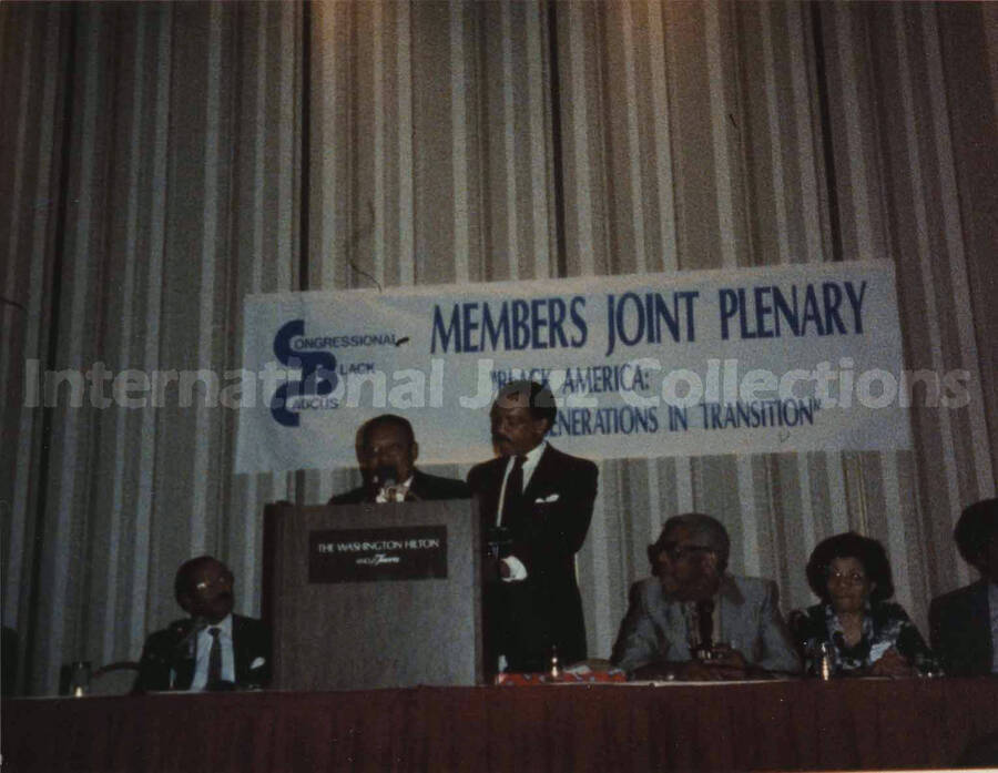 4 x 5 inch photograph. Lionel Hampton speaking at a plenary of the Congressional Black Caucus entitled: Black America - Generations in Transition, at the Washington Hilton