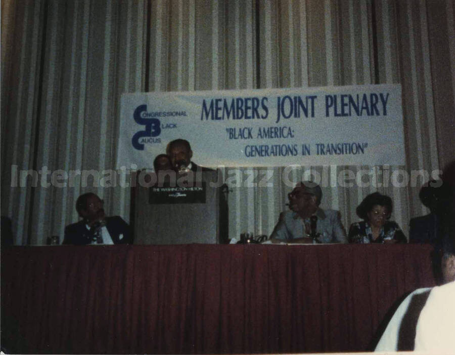 4 x 5 inch photograph. Lionel Hampton speaking at a plenary of the Congressional Black Caucus entitled: Black America - Generations in Transition, at the Washington Hilton